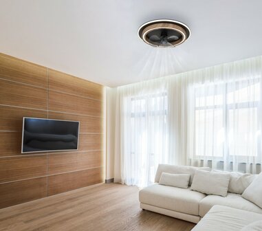 Globo Bozan LED plafondventilator met verlichting hout/zwart 50 cm in kamer