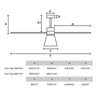 Faro Barcelona Amelia L Cone LED Tuya plafondventilator zwart 132 cm afmetingen