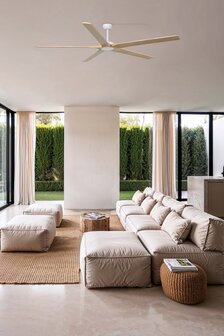 Faro Barcelona 34191WT Bigwood XL Tuya plafondventilator met app wit/grenen 200 cm in woonkamer