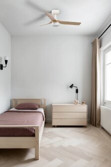 Faro Barcelona 338211S Mini Punt S plafondventilator met verlichting wit/esdoorn 90 cm in slaapkamer