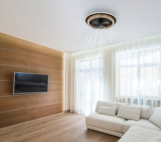 Globo Bozan LED plafondventilator met verlichting hout/zwart 50 cm in kamer