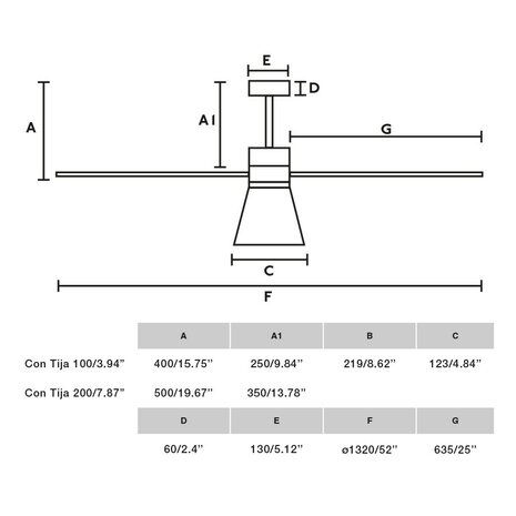Faro Barcelona Amelia L Cone LED Tuya plafondventilator zwart 132 cm afmetingen