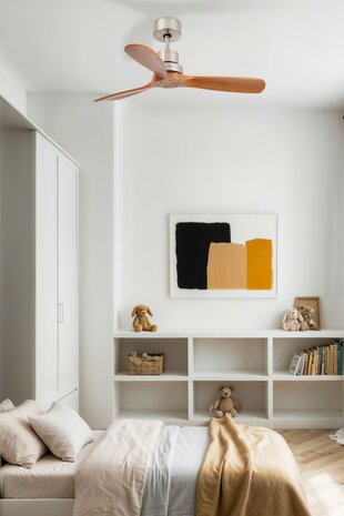 Faro Barcelona Mini Lantau S mat nikkel walnoot plafondventilator 107 cm in kamer
