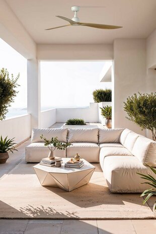 Faro Barcelona 34361WT Outwood L plafondventilator wit/eikenhout met app 150 cm buiten