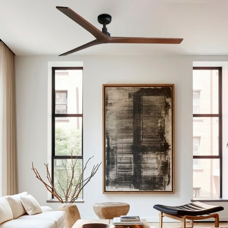 Faro Barcelona Klim L plafondventilator zwart/walnoot 150 cm in woonkamer