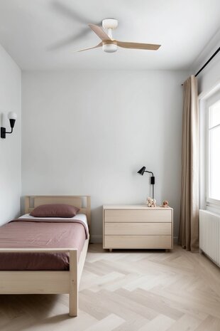 Faro Barcelona 338211S Mini Punt S plafondventilator met verlichting wit/esdoorn 90 cm in slaapkamer