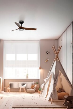 Faro Barcelona 338231S Mini Punt S plafondventilator met verlichting zwart/walnoot 90 cm in slaapkamer